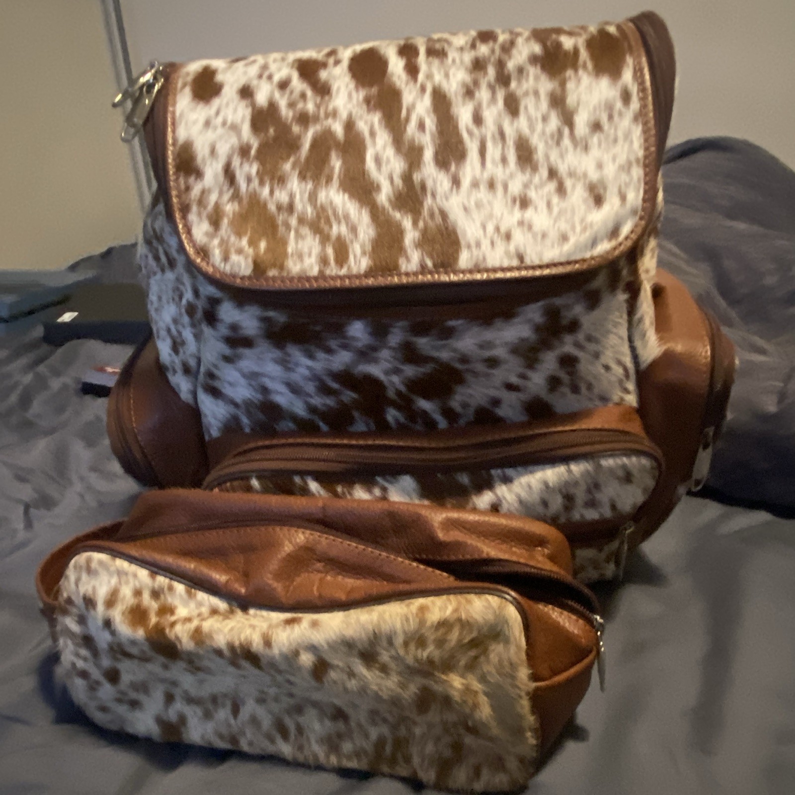 Real Cow hide Backpack Brown/White Zip, Adjustable Strap, Inner/Outer Pockets