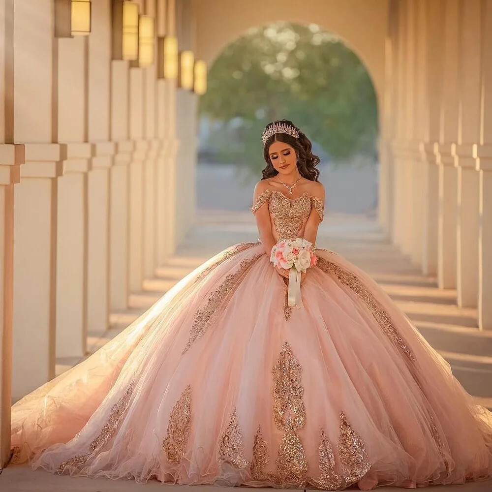Blush Off Shoulder Gold Sequin Quinceanera Ball Gown Long Train Formal Dresses