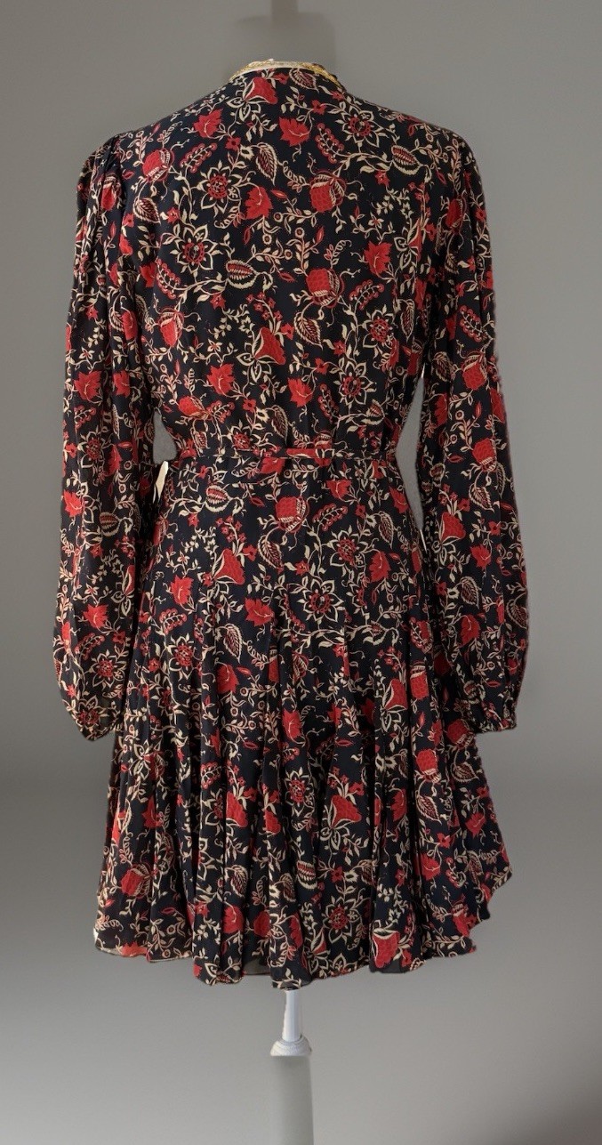 NWT RHODE Caro Black Red Cream Floral Fit & Flare Wrap Dress Long Puff Sleeve S
