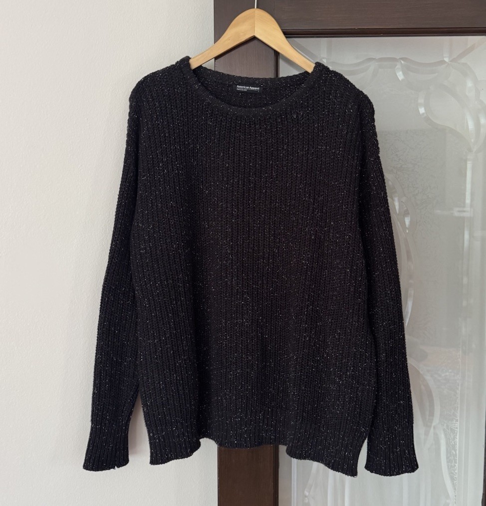 VTG American Apparel Fisherman Sweater Black Confetti White Fleck Knit USA L