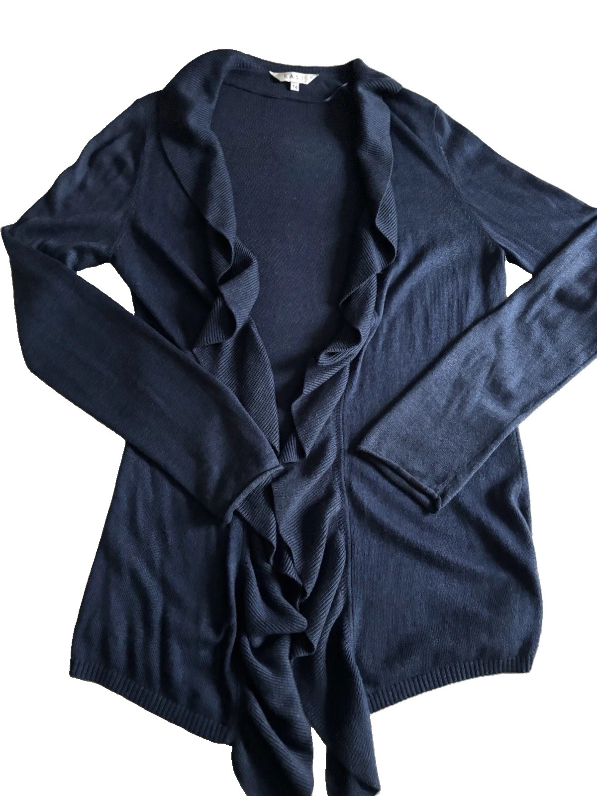 East Ruffle Front Open Cardigan Blue Angora Cotton Blend Uk14 Waterfall Soft