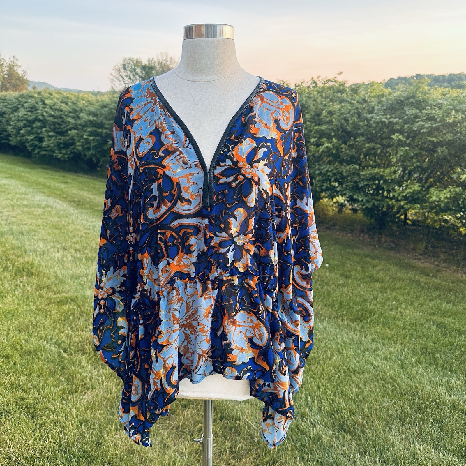 Y2K Alberto Makali Caftan Tunic Top L Oversized Boho Resort Blue Gold