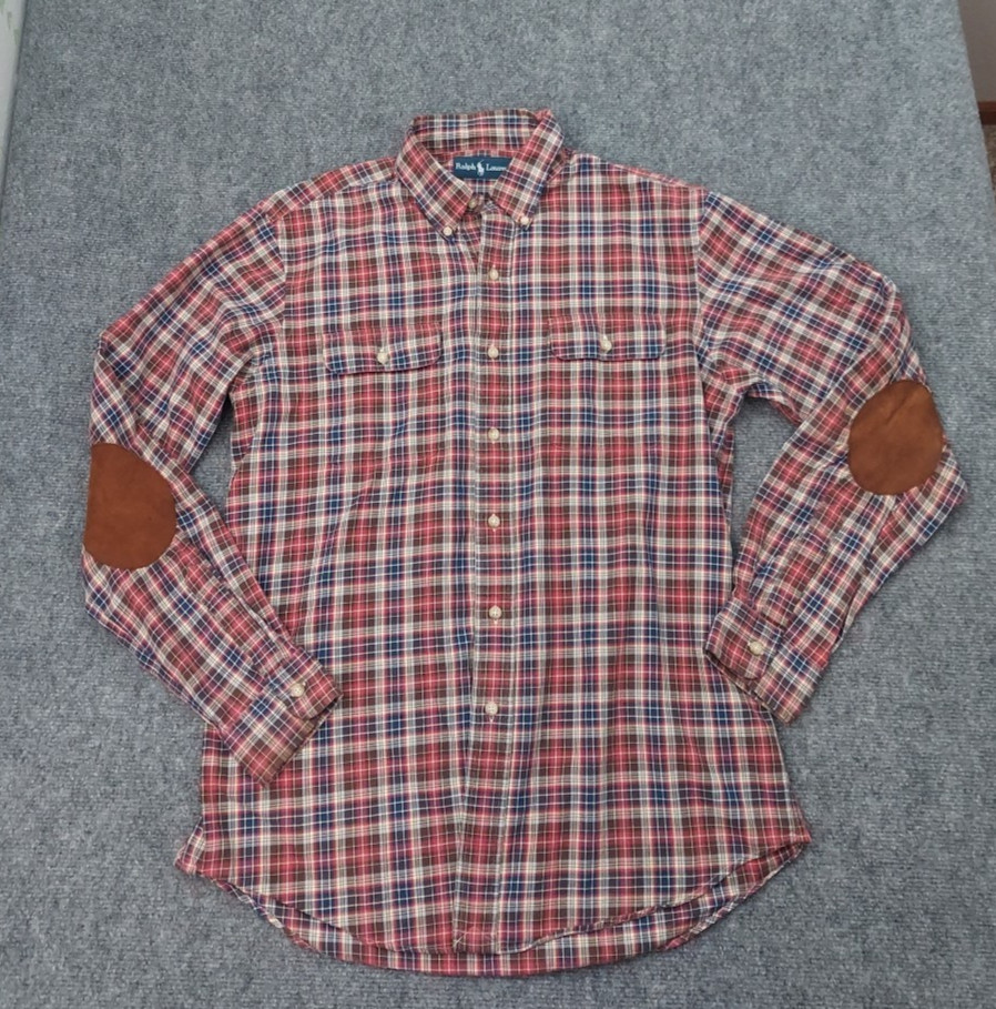 Vtg Ralph Lauren Flannel Shirt Mens Large Red Plaid Elbow Patches Button Down