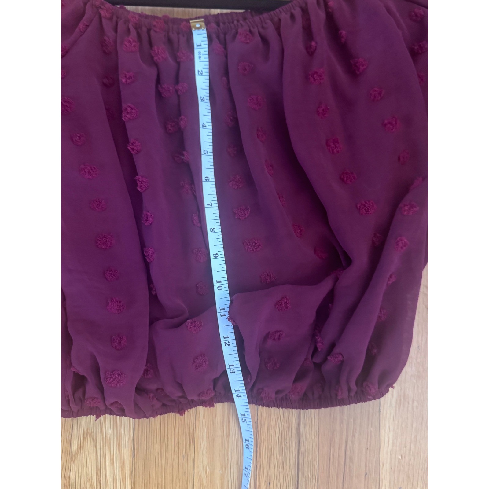 HYFVE Burgundy Swiss Dot Off Shoulder Blouse Long Puff Sleeve Crop Top Small