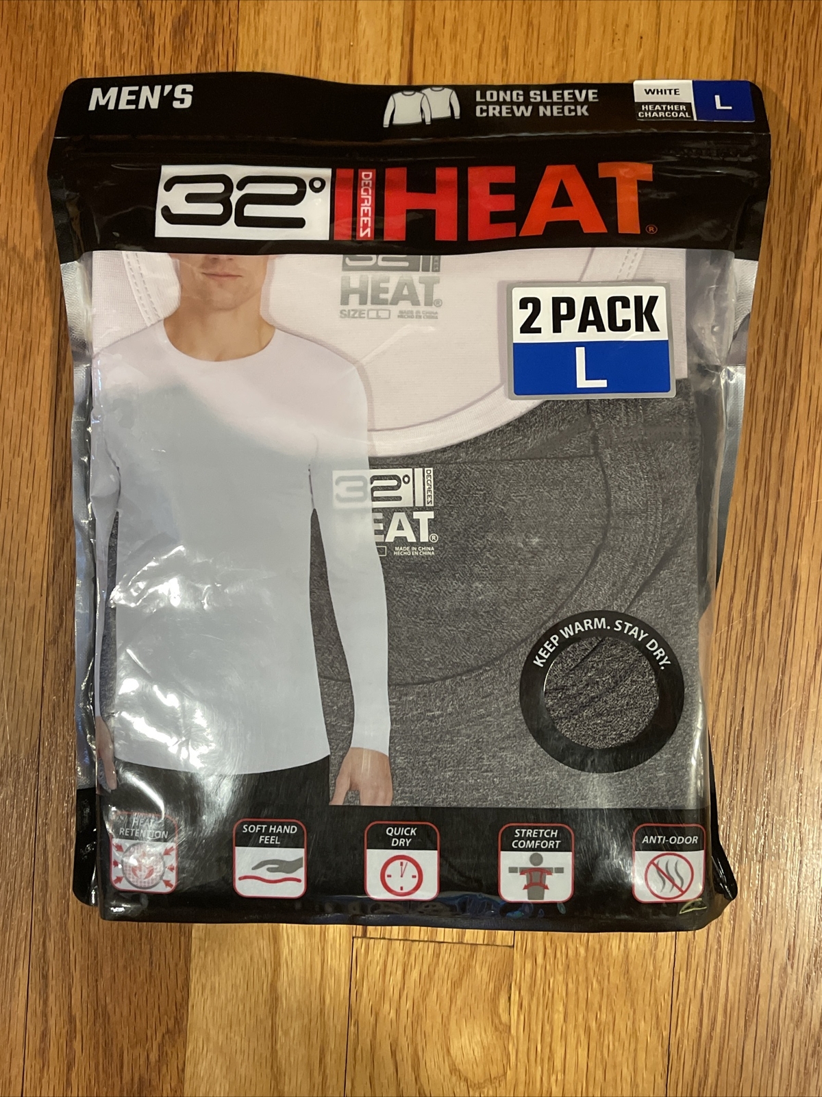 32 Degrees Heat Men’s Long Sleeve Crew Neck Tee 2 Pack White/Charcoal Large New!