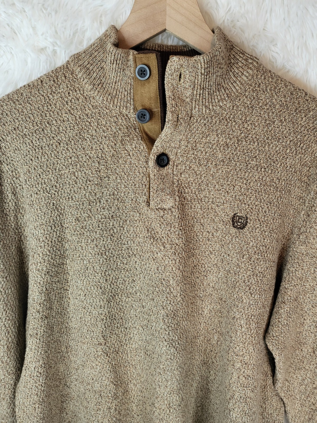Chaps Mens Cardigan Sweater Henley Elbow Pads Size XL Tan
