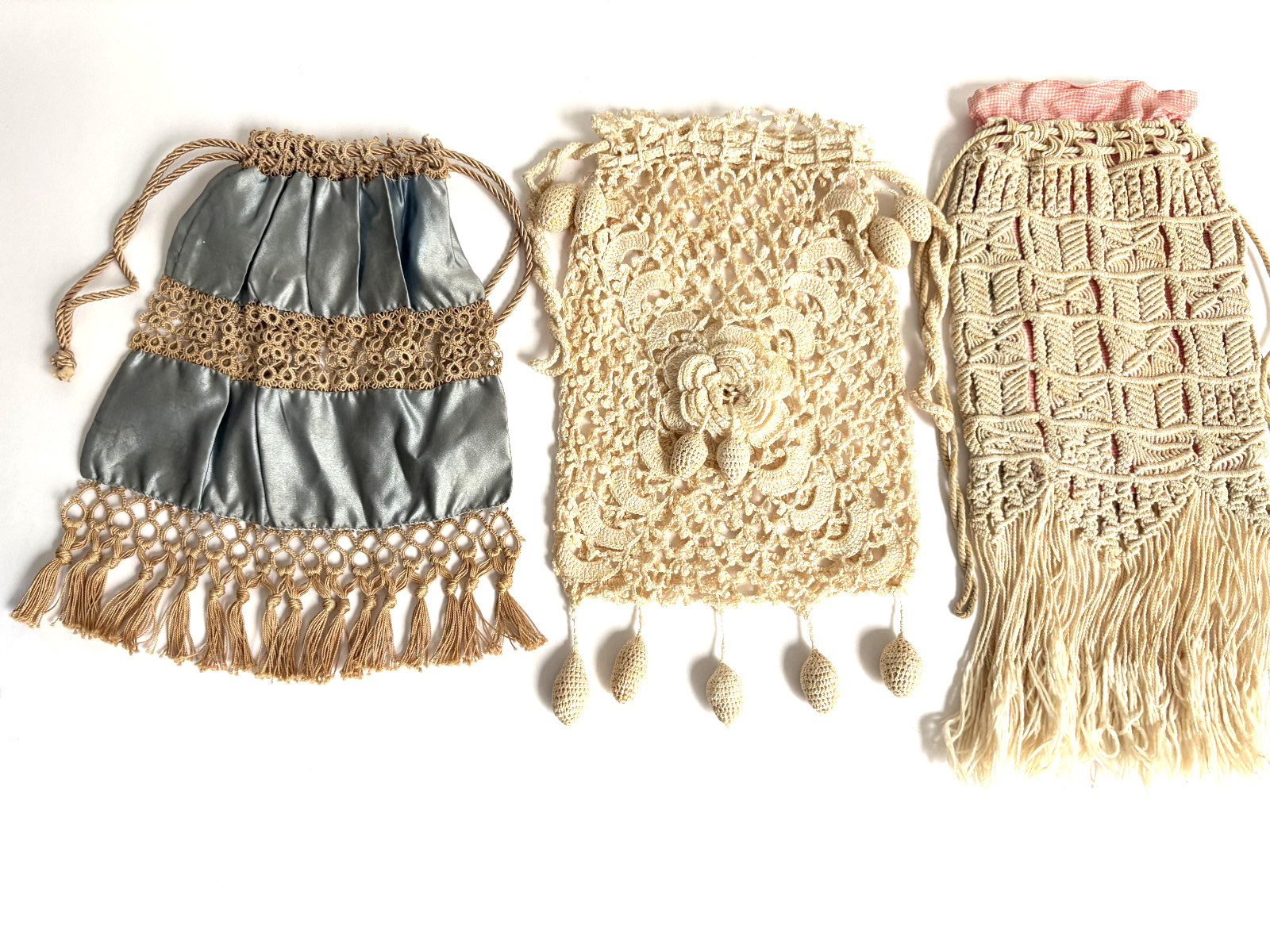 3 Styles of Handmade Victorian Crocheted/Tatted/Knotted Drawstring Reticule Bags