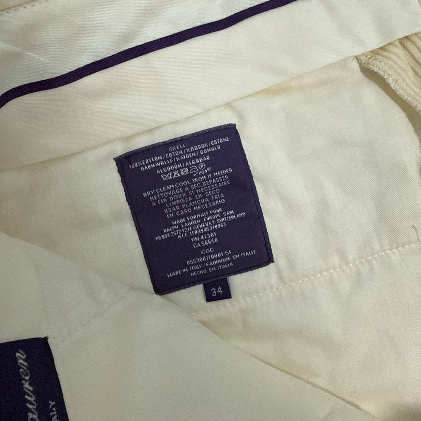 Ralph Lauren Purple Label Corduroy Straight Leg Pants Cream Size 32×31