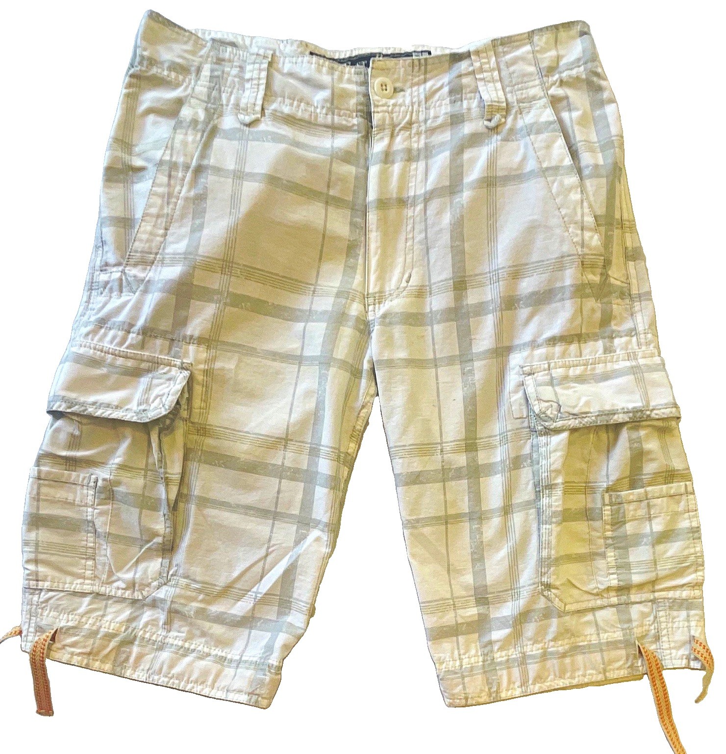 Wearfirst Men’s Plaid Cargo Shorts White/Gray Pockets Button Fly Flat Front. S30