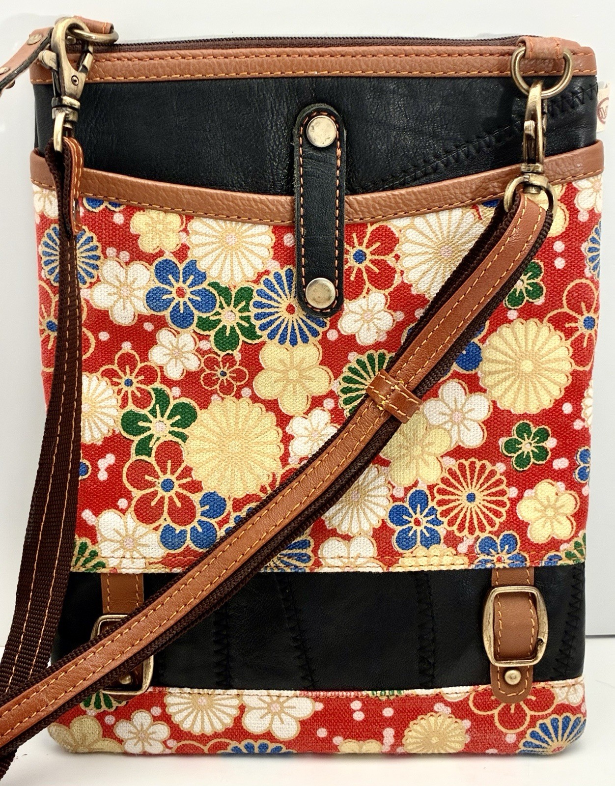 Vaan Co Leather Vinyl Crossbody Black/Floral/Brown Made in India Adjust. Strap