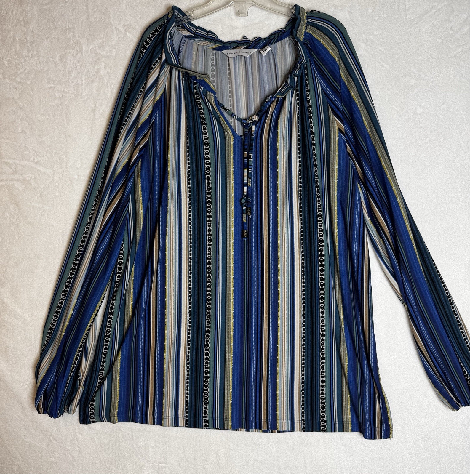 Susan Graver Striped Peasant Top Liquid Knit Ruffle Detail Shades Of Blue XL