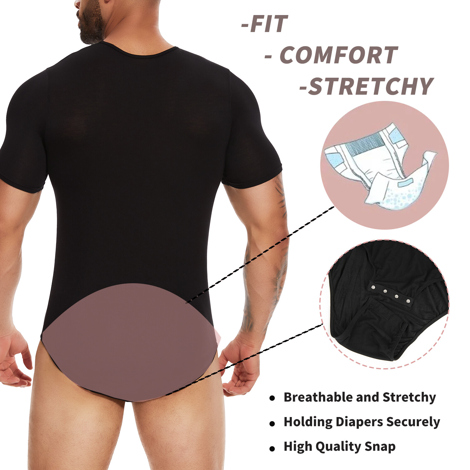 Men’s Short Sleeve Press Button Crotch Pajamas Shirt Bodysuit Diaper Undershirt