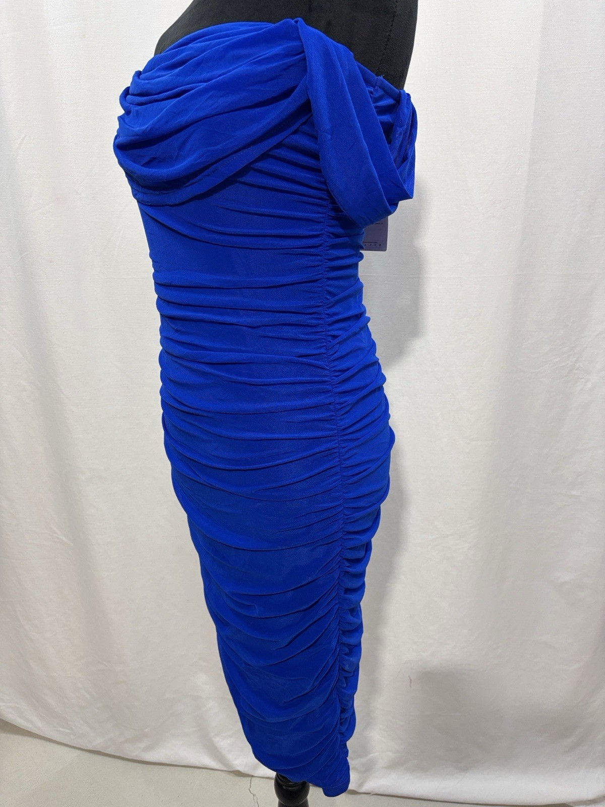 Off-Shoulder Ruched Midi Dress in Bright Blue formal wedding prom trendy party