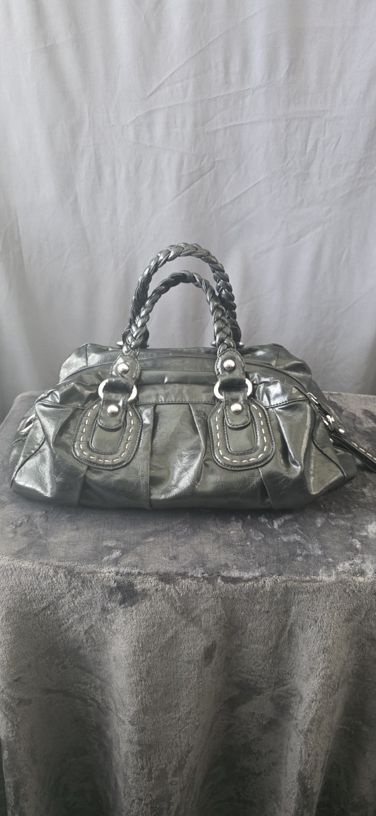 GUESS Black Logo Satchel Top Handle Bag Studded Silver Hardware Zip Closure