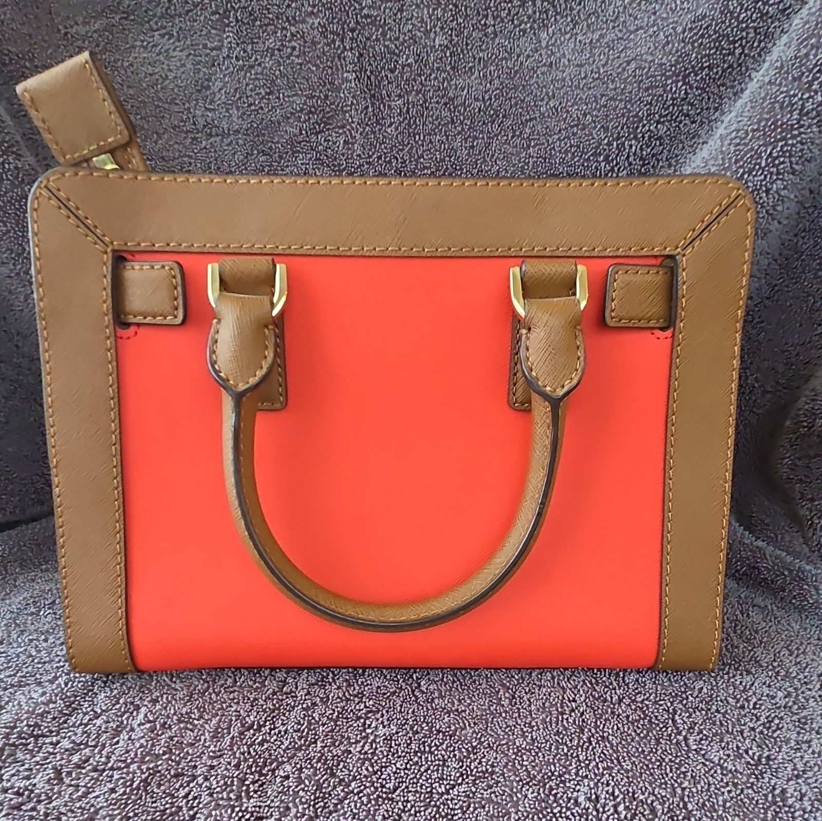 Michael Kors Small Orange & Brown Satchel Top Handle Zip, Detachable Strap Charm
