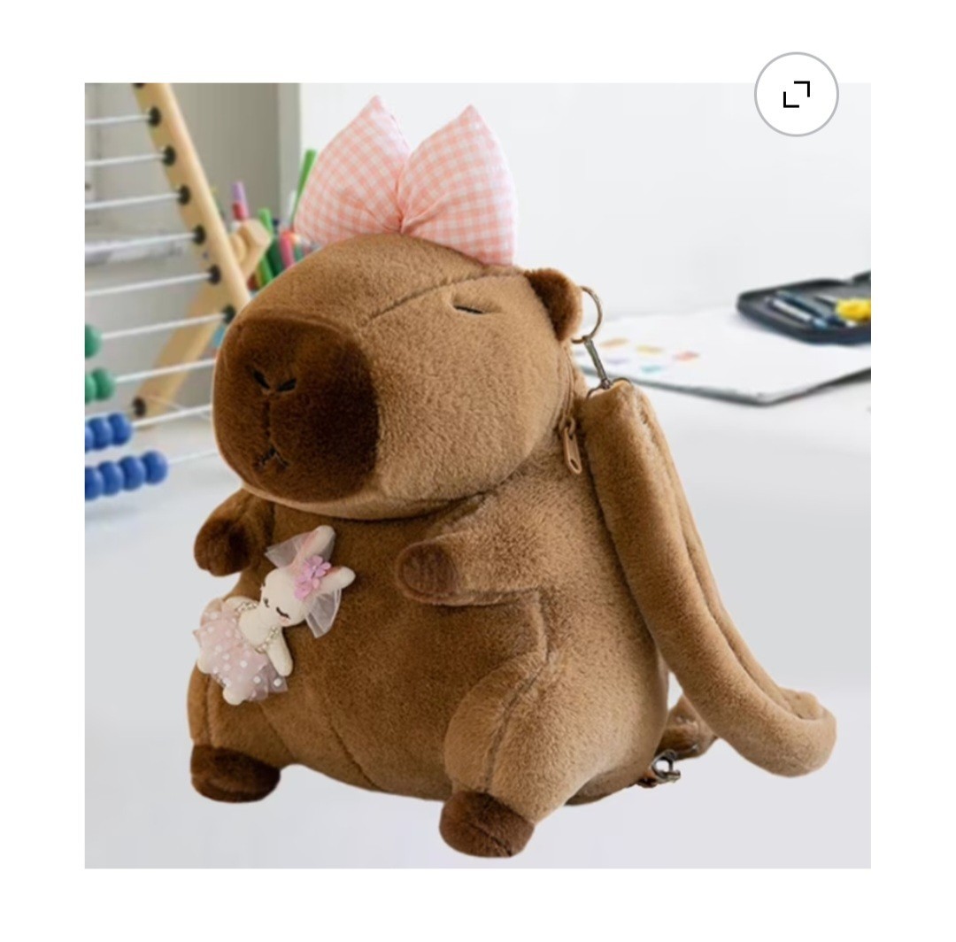 Plush Capybara Mini Backpack Brown Pink Gingham Bow Zip Adjustable Strap