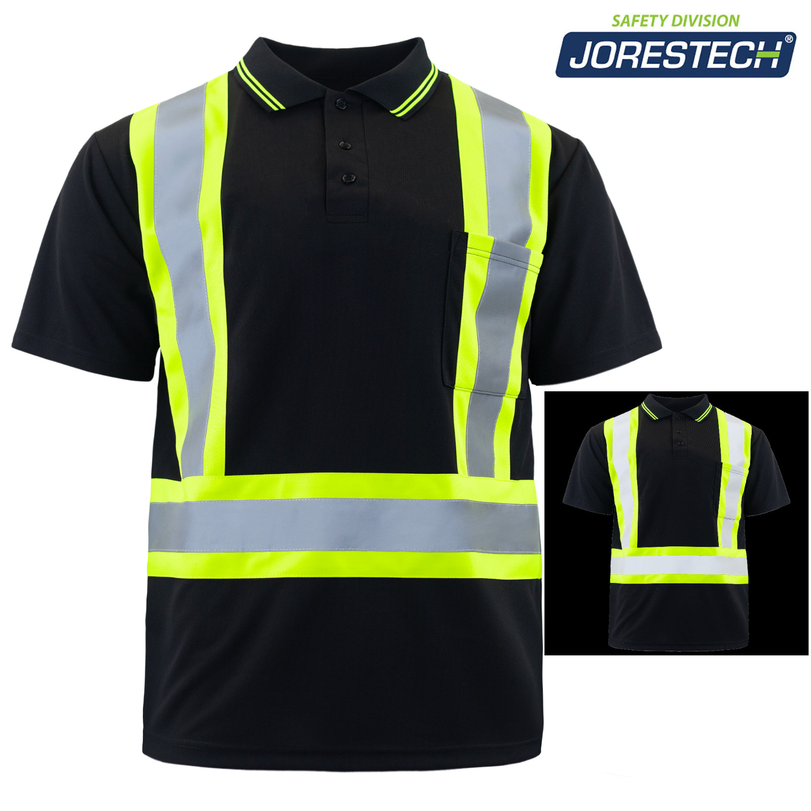 Hi-Vis Black Safety Workwear Short Sleeve Polo Shirt Two Tone Reflective Tape