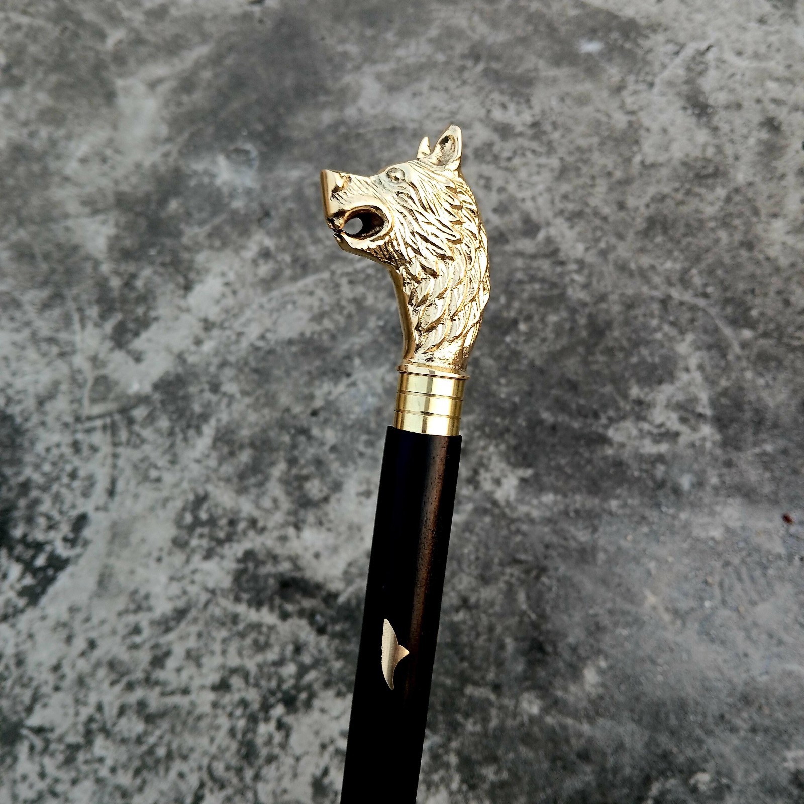Brass Wolf Head Walking Cane: Gothic Medieval Style, Wooden Shaft