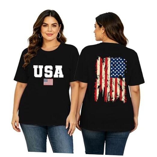 Womens Plus Size USA Shirt American Flag T-Shirt 4th of 5X-Large Plus Black