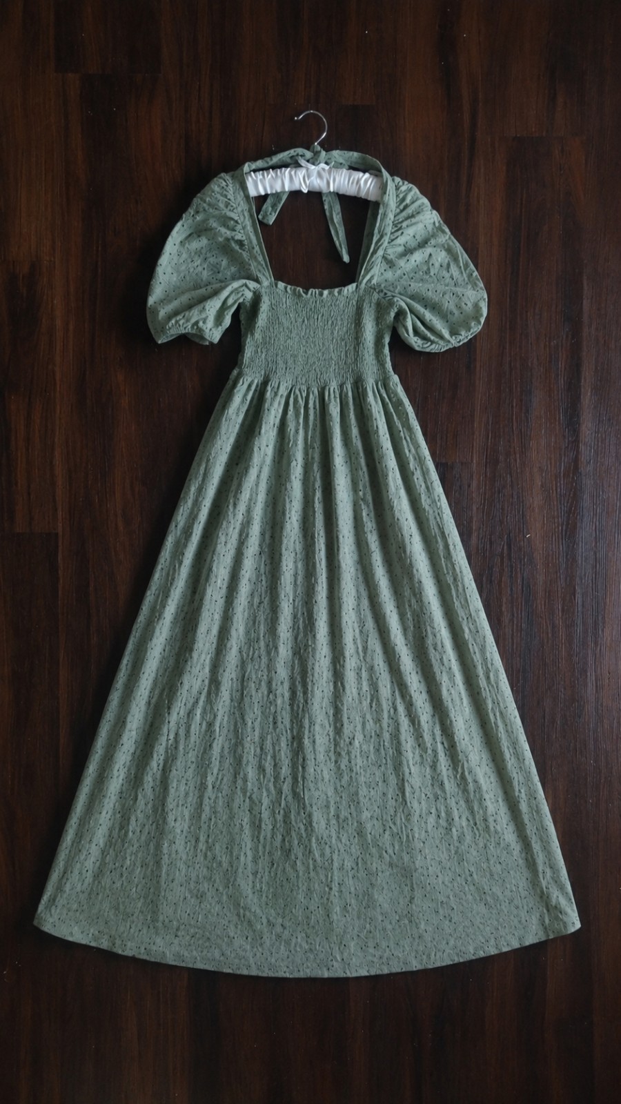 ASOS Sage Green Brodierie Anglaise 100% Cotton Smocked Puff Sleeve Maxi Dress 6