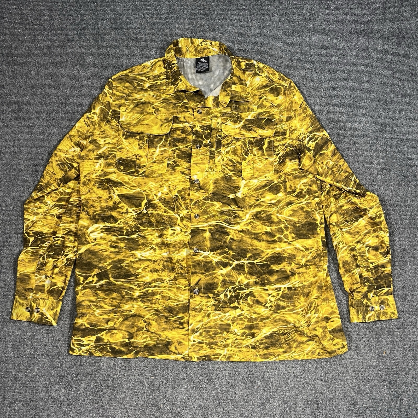 Mossy Oak Shirt Mens XL Fishing Vented Elements Agua Print Gold Button Front