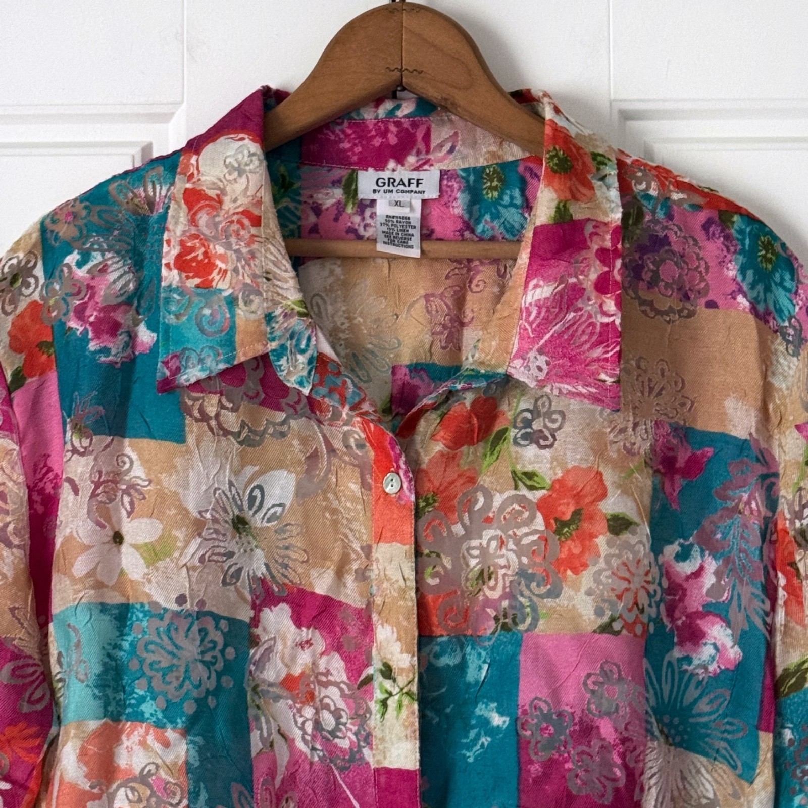 Vintage Graff Floral Patchwork Button Up Shirt XL Whimsical Boho Artsy Funky