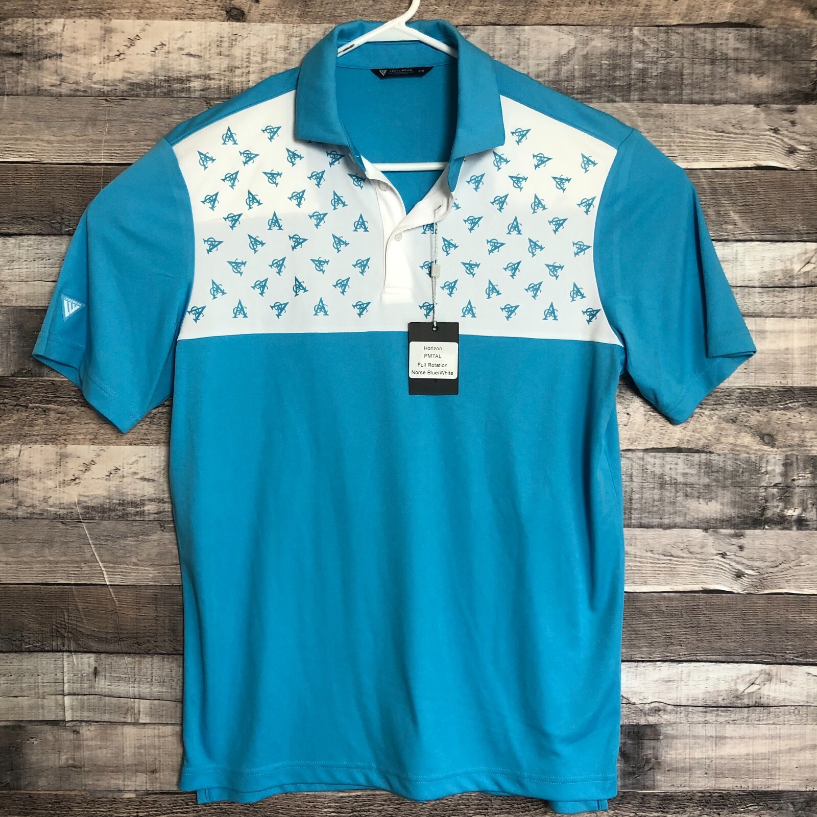 Level Wear Mens Golf Polo Shirt Medium Blue Colorblock Geometric Business NEW