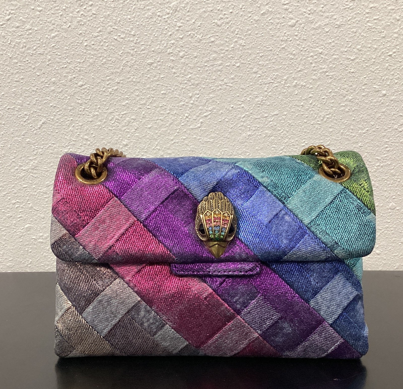 Kurt Geiger Mini Kensington 8″x5″x2.75″ Distressed Metallic Rainbow Denim Soft