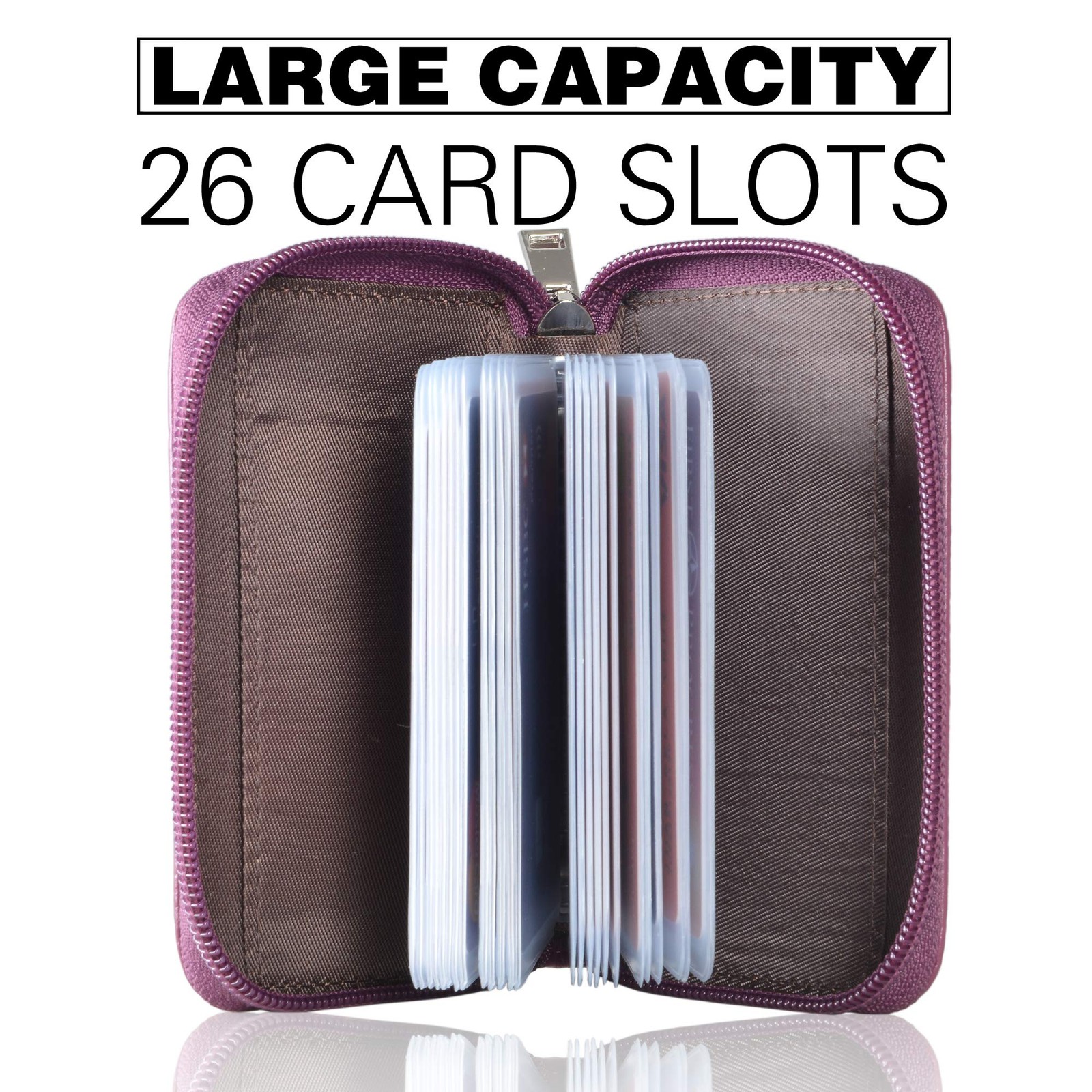 Genuine Leather Credit Card Holder Zipper Wallet With 26 Card Slots (Purple)