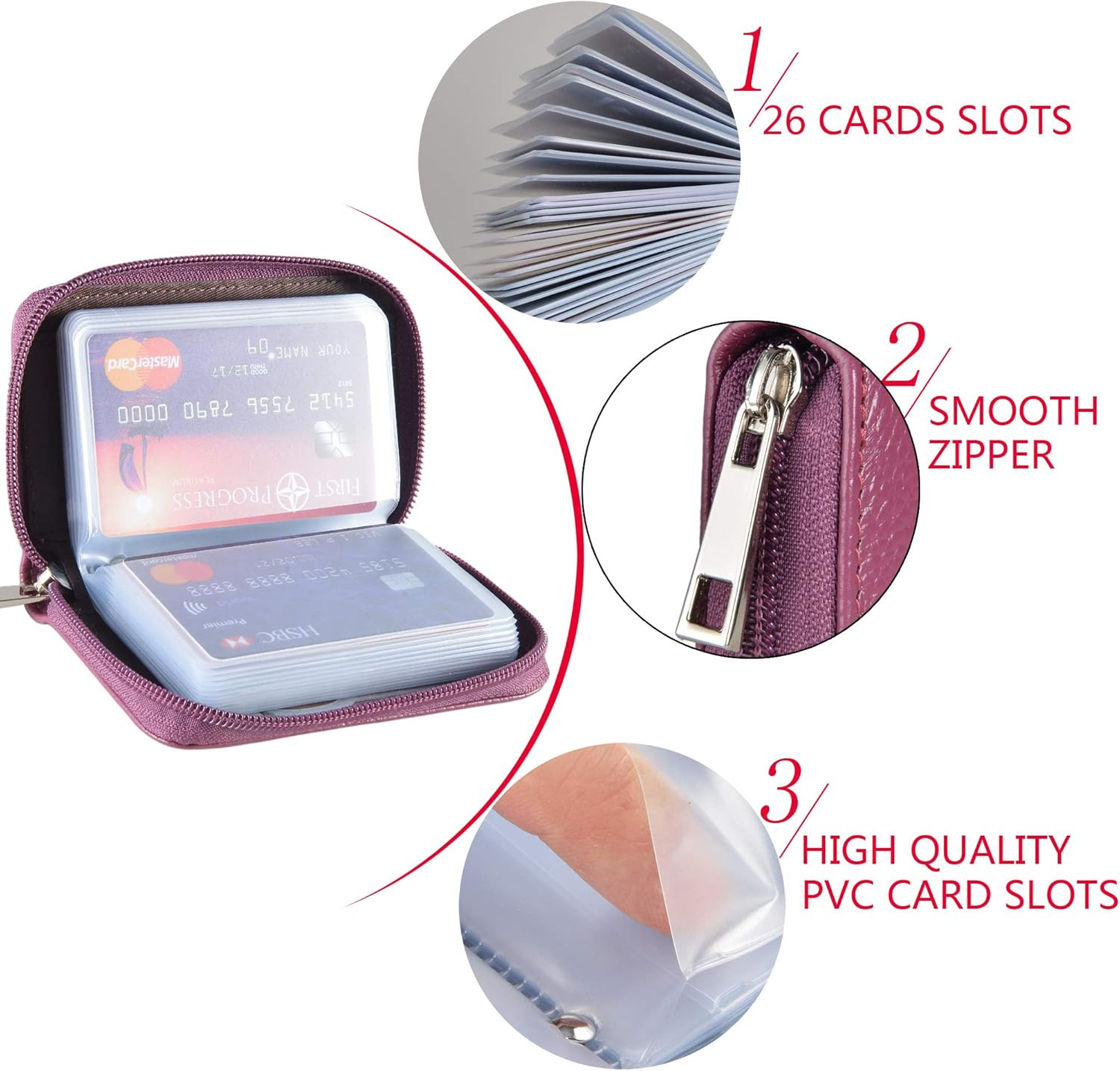 Genuine Leather Credit Card Holder Zipper Wallet With 26 Card Slots