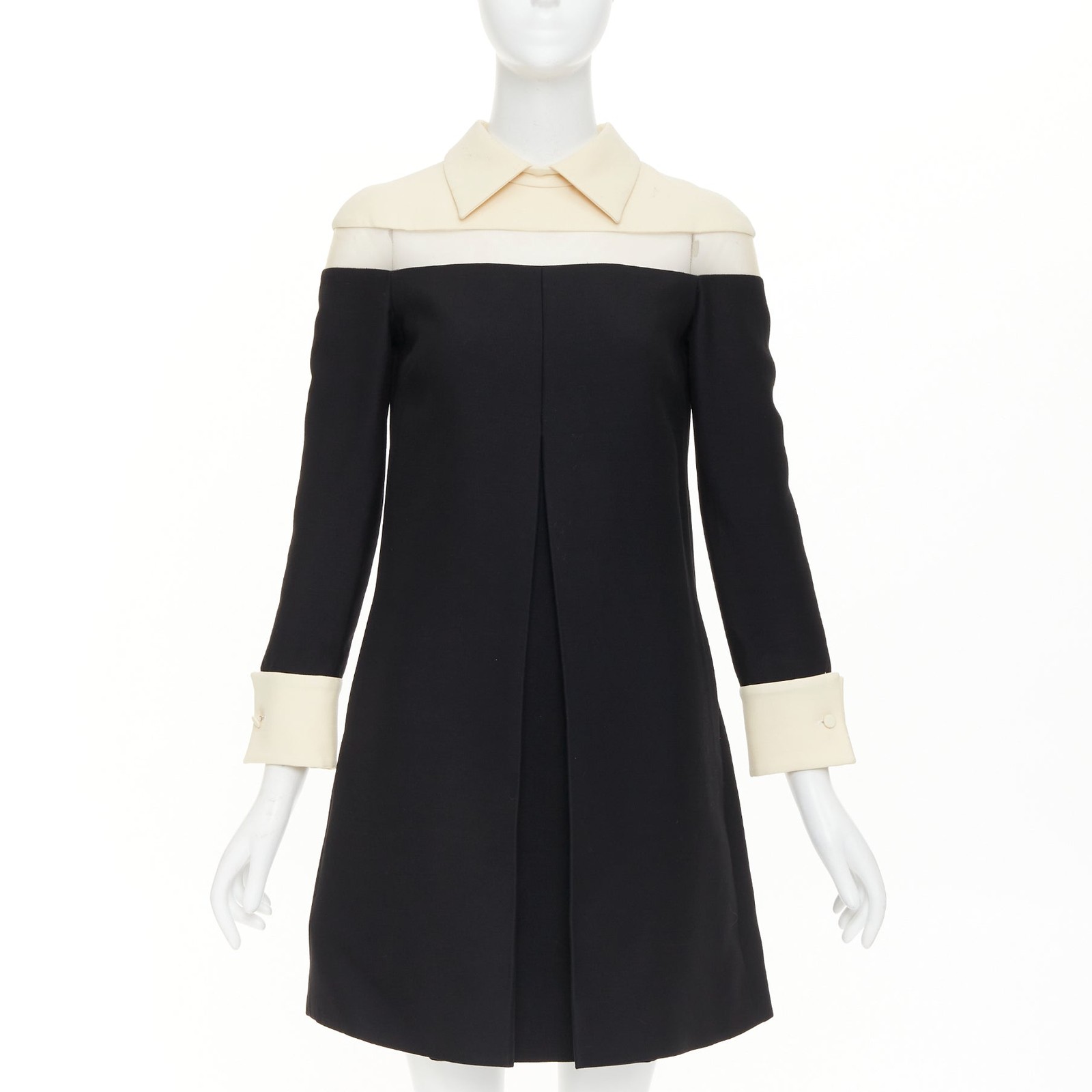 VALENTINO 2014 black beige sheer tulle wool silk inverted pleat dress IT40 S