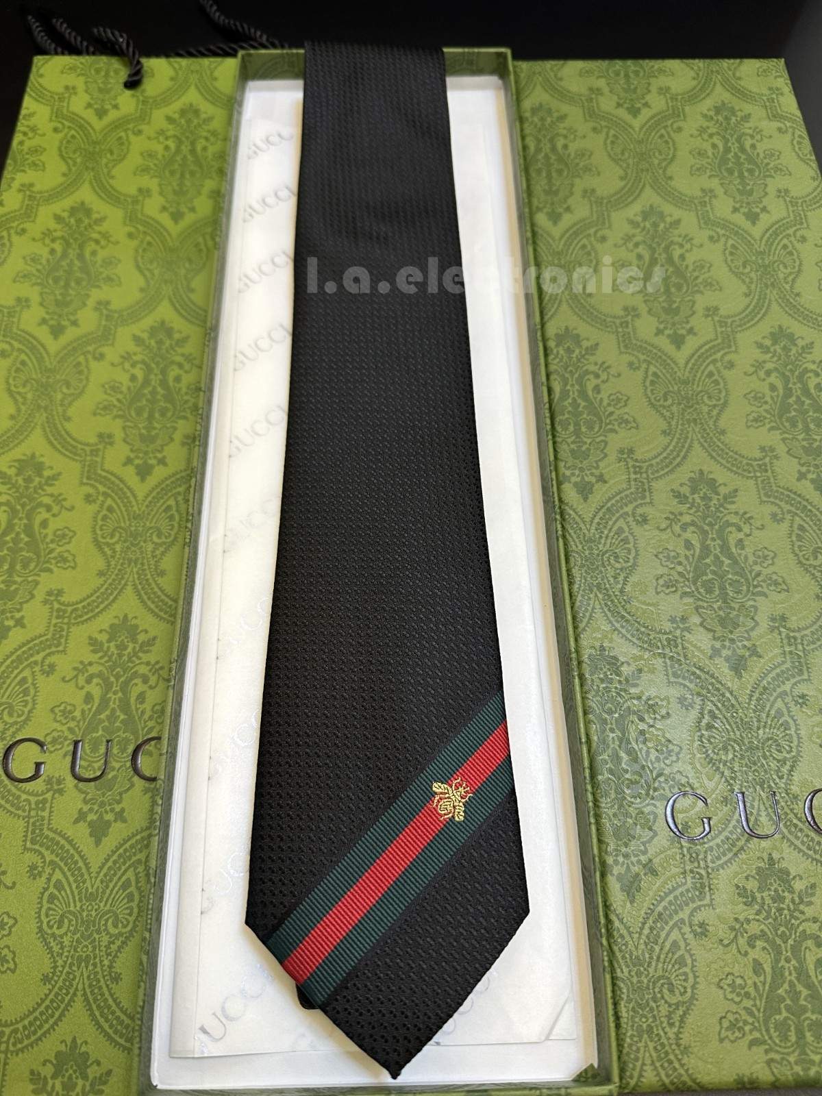 Gucci Tie Mens 100% Silk Black Stripe Bee Pattern