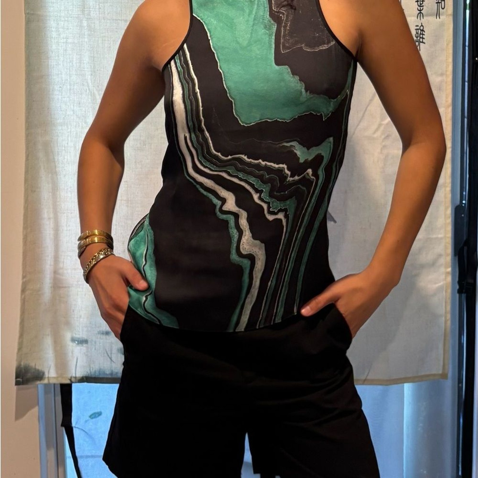 The Kooples Teal and Black Wave Pattern Tank Top Printed Marble