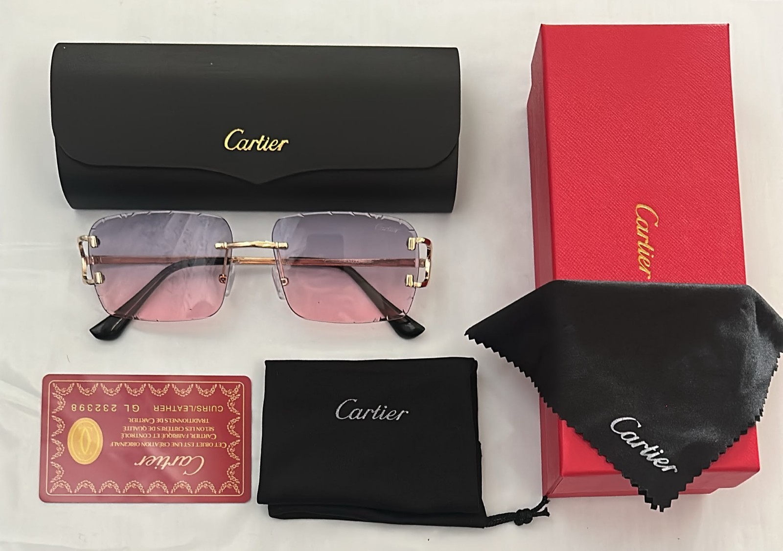 Cartier Big C Diamond Cut Frameless Pink/Grey Lens Gold Frame