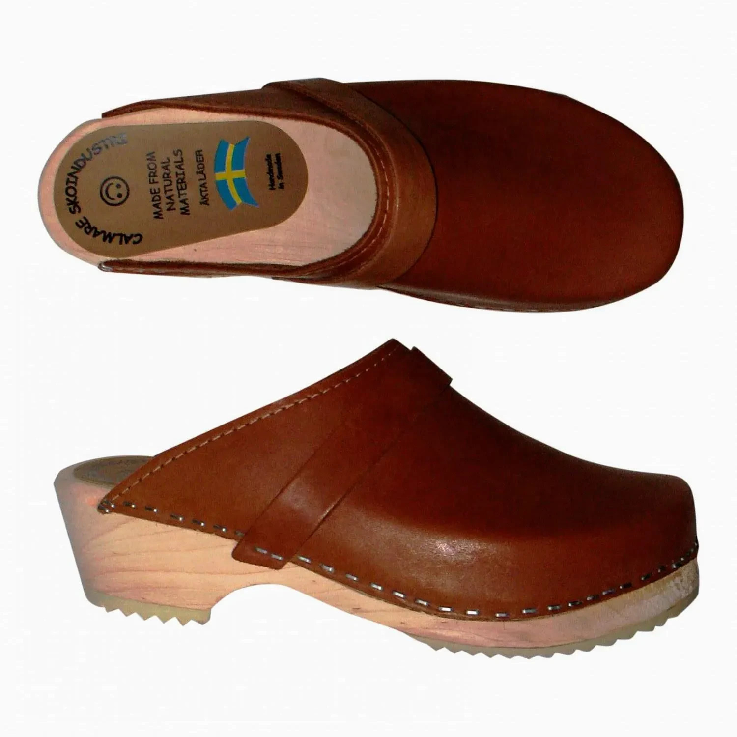 Calmare Trätofflor “ORIGINAL NATUR” Swedish Clogs in Natural Brown leather