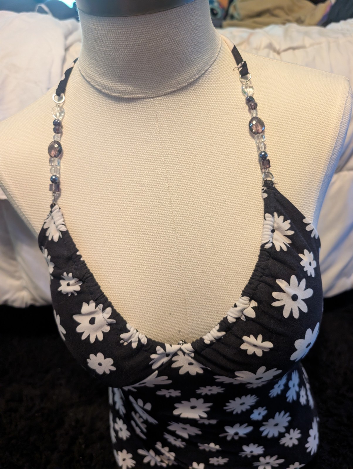 No Boundaries Halter One-Piece Swimsuit Black/White Daisy Floral Size S