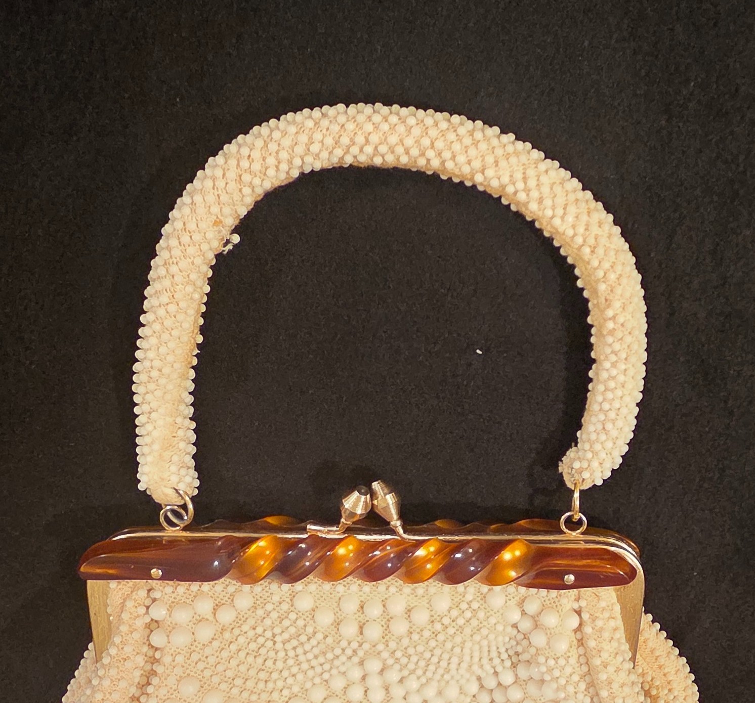 Vintage 1960s Milk Glass Beaded Handbag with Tortoiseshell Lucite Top Frame