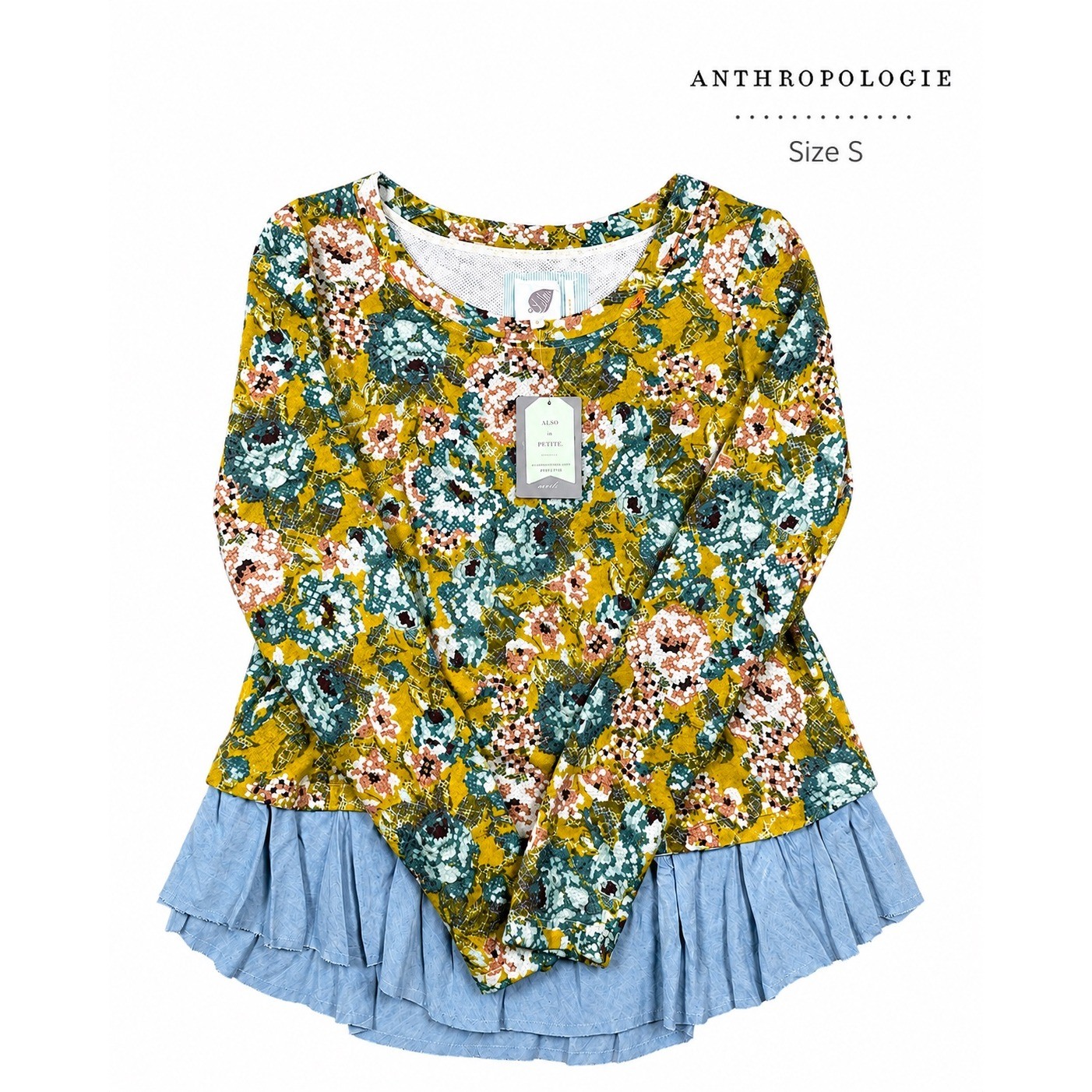 Anthropologie Lilka Floral Knit Top Chambray Ruffle Hem Long Sleeve Size S NWT