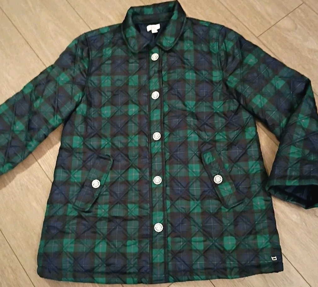 Crown & Ivy Navy Green Plaid Quilted Jacket Bling Rhinestone Button Snaps Sz M