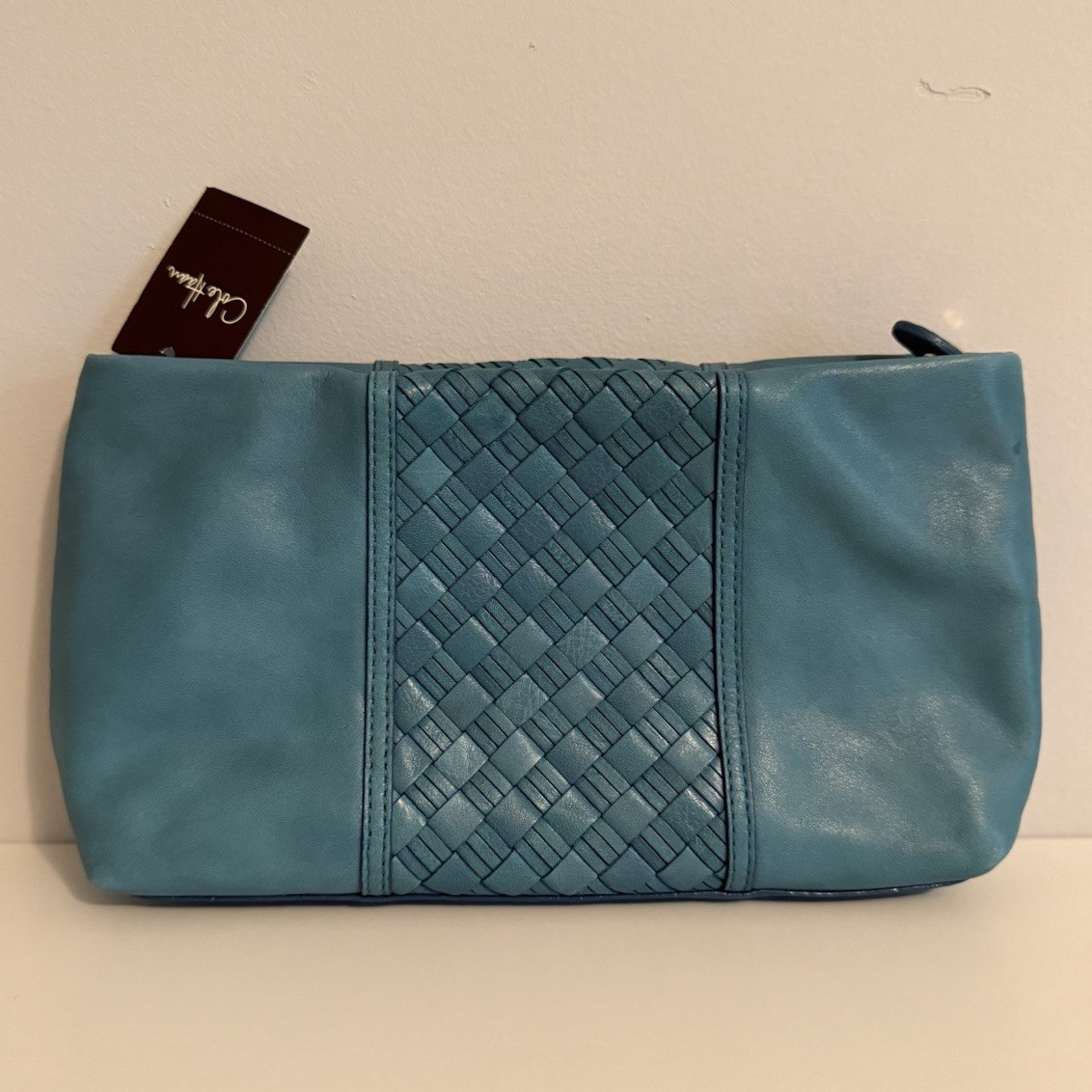 Cole Haan Blue Woven Izzie Zip Clutch with Detachable Strap, Gold Hardware