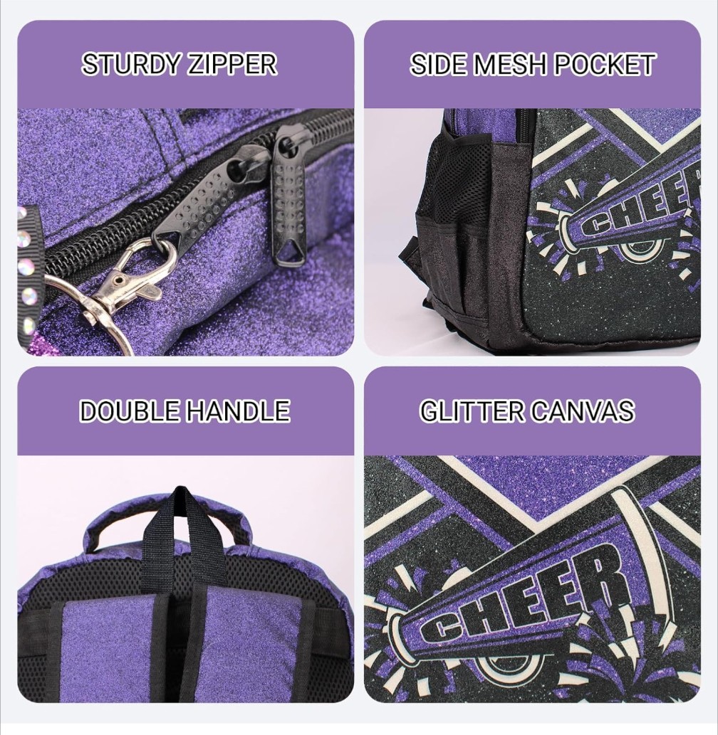 Purple Black Glitter Canvas Cheerleading Backpack 16.5×12.6in Side Mesh
