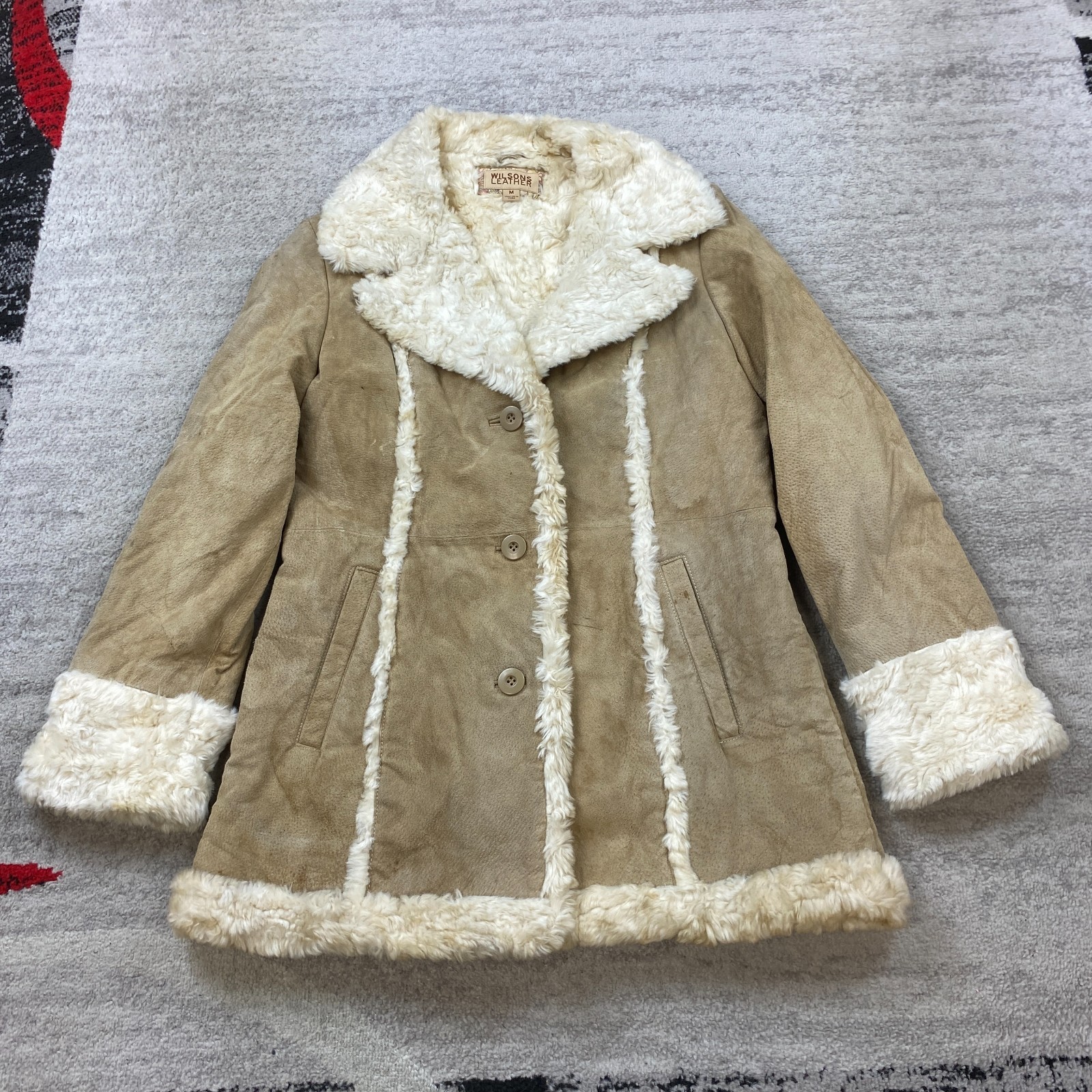 VTG Wilsons Leather Suede Leather Jacket Medium Beige Tan Shearling Sherpa Women