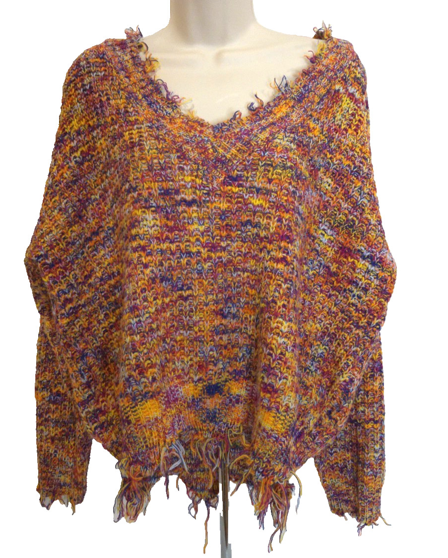 Mainstrip Sweater Multicolor Knit Distressed Fringe Top size Medium Oversized