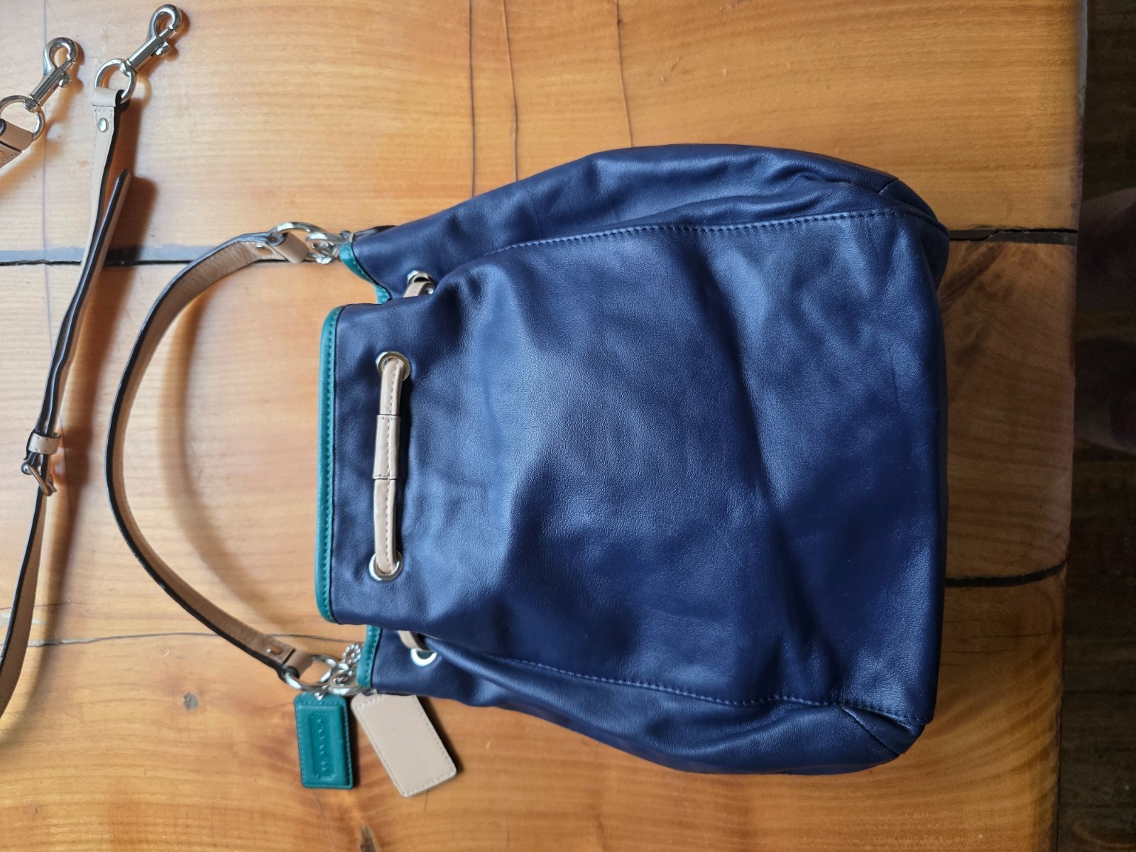 Coach Daisy Leather Drawstring Shoulder Bucket Bag Blue Green Tan Colorblock