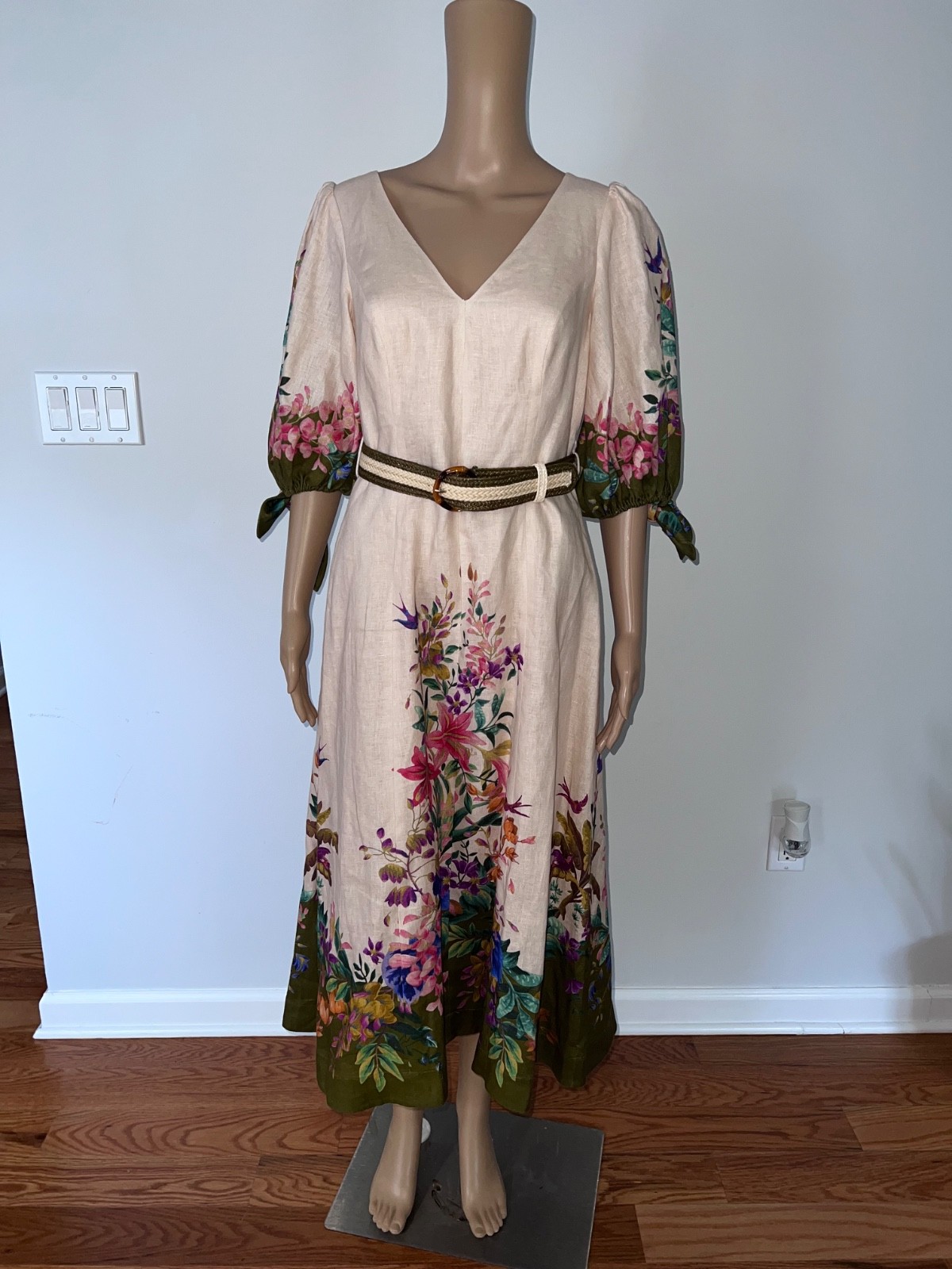 Zimmermann 100% Linen Floral Border Print Belted Midi Dress Size 2 US 8
