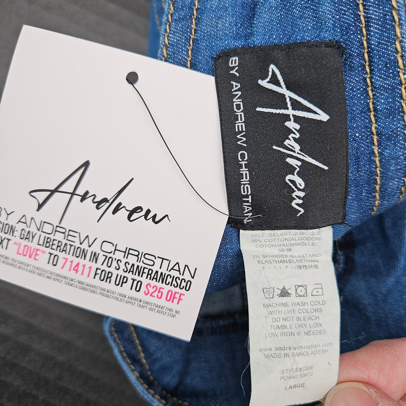Andrew Christian Castro Denim Hood and Vest Set Blue Style 3306 Large NWT LGBTQ+