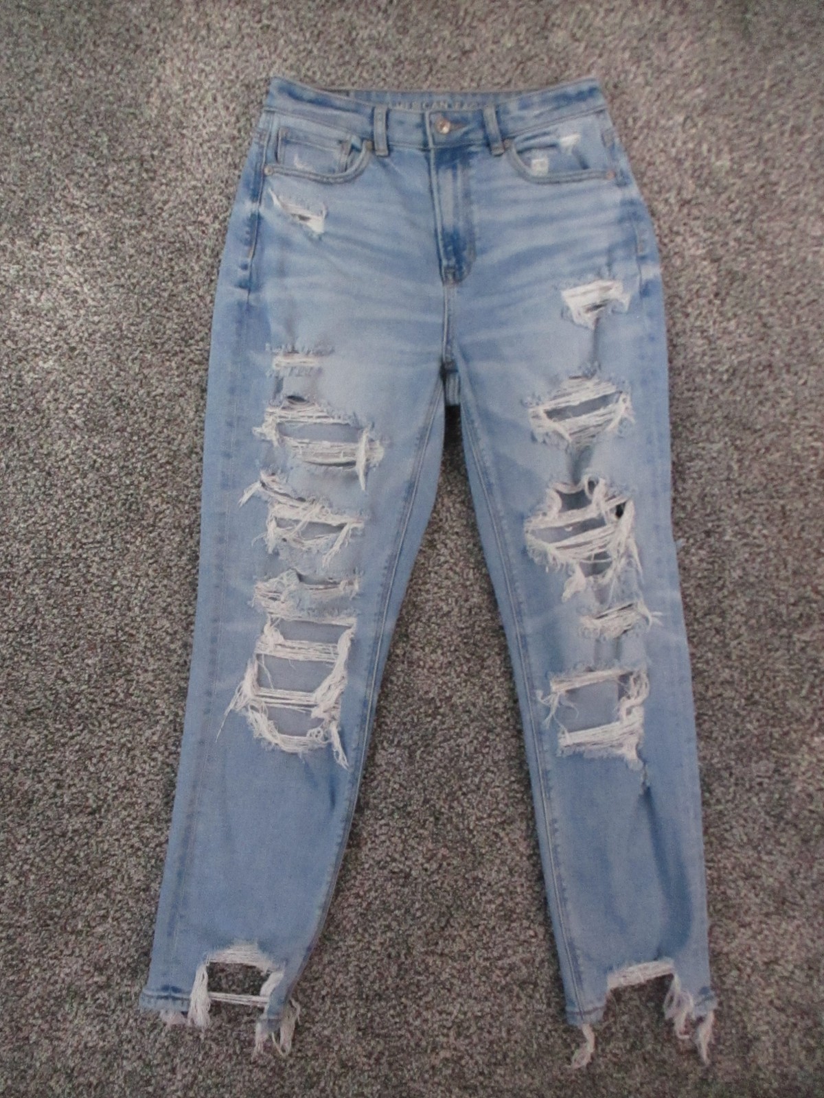 American Eagle Mom Jeans Womens 6 Blue Distressed Stretch High Rise Denim 27×27