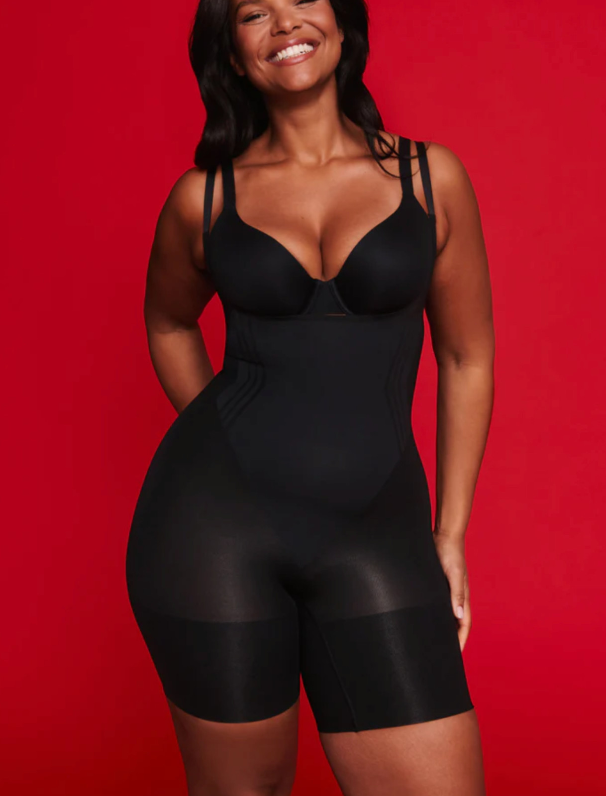 Spanx Sculpt LARGE GoFigure Open-Bust Mid-Thigh Bodysuit NWOT 10606R Black