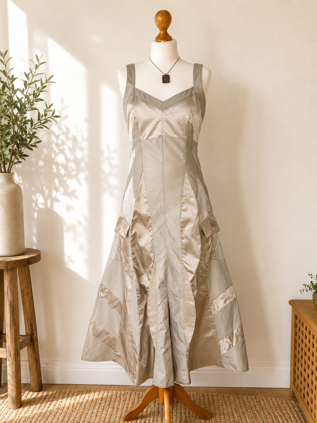 Indies Y2K Patchwork Maxi Dress UK 8 Champagne Beige Tech Cargo Dress