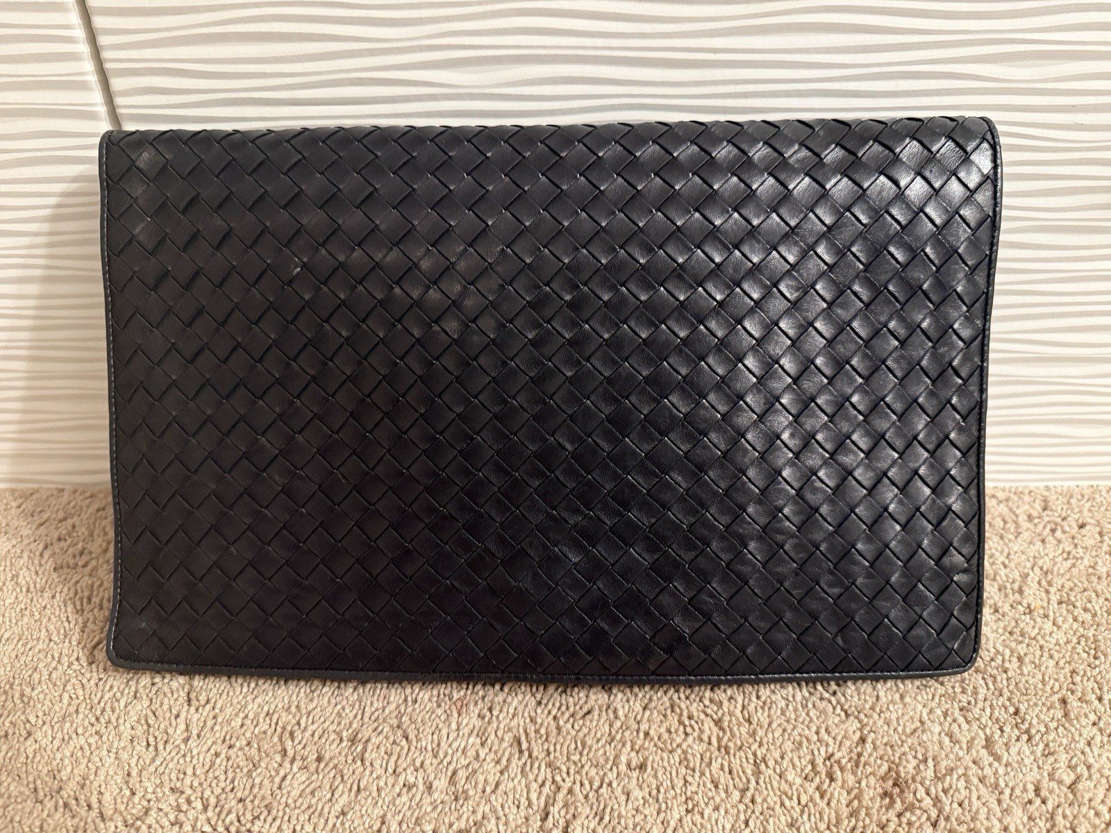 Bottega Veneta Black Intrecciato Flap Clutch Bag with COA